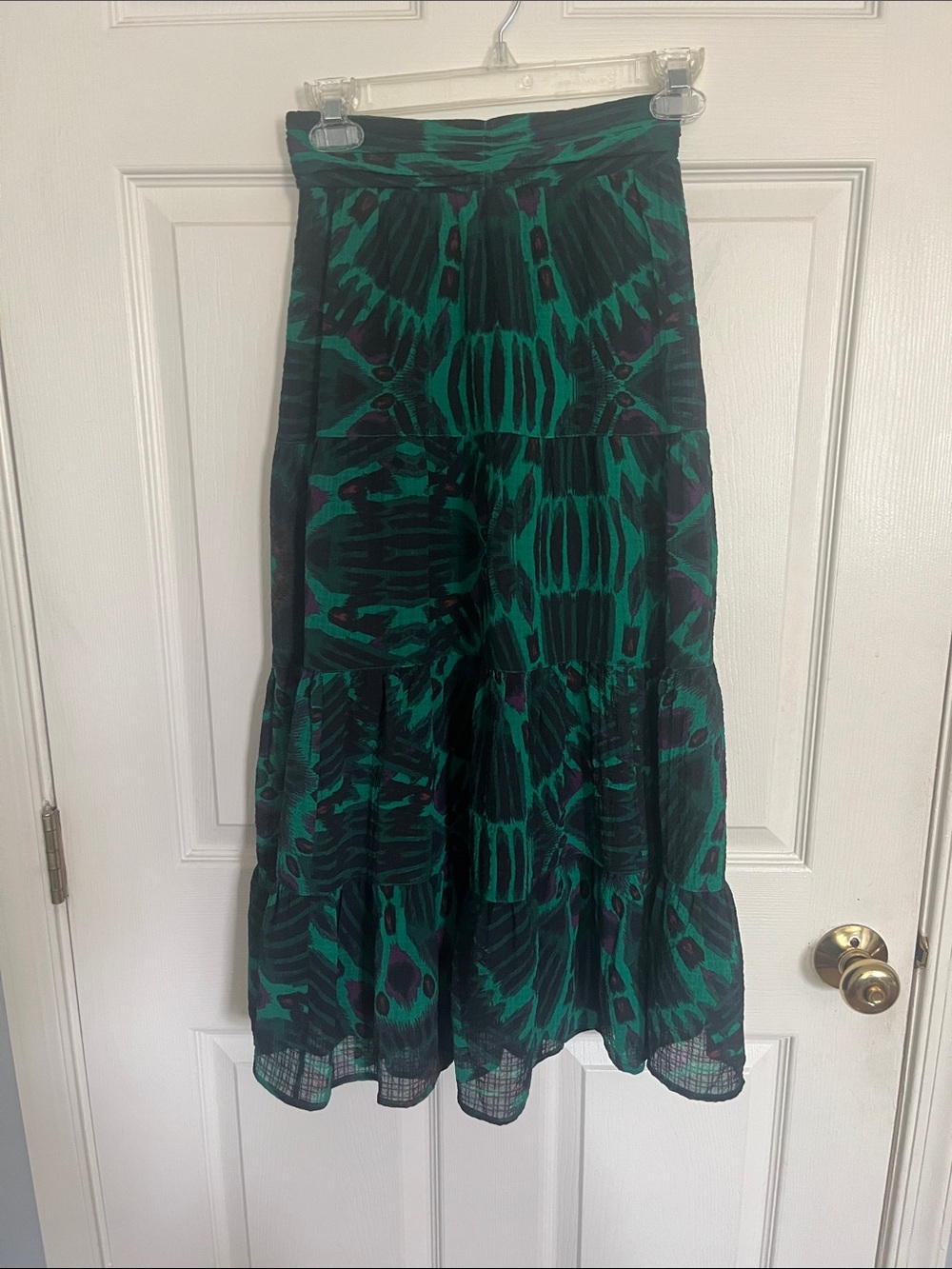 ba&sh Black and Emerald Abstract Tiered Maxi Skirt